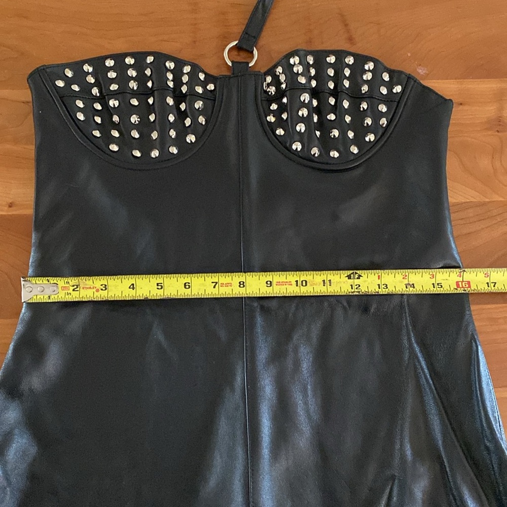 Studded Strapless Black Leather Mini Dress - Picture 8 of 16